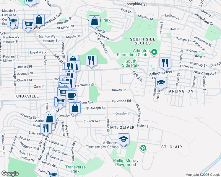 map of restaurants, bars, coffee shops, grocery stores, and more near 600 Walnut Street in Mount Oliver