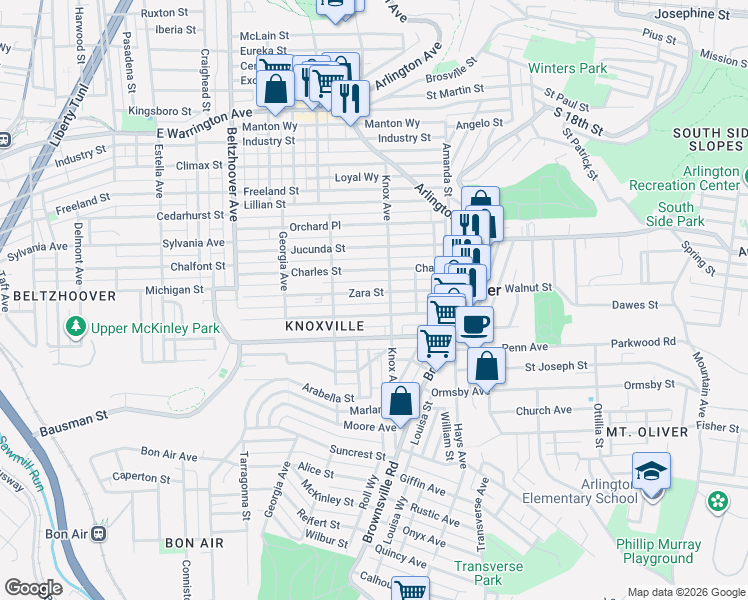 map of restaurants, bars, coffee shops, grocery stores, and more near 229 Zara Street in Pittsburgh