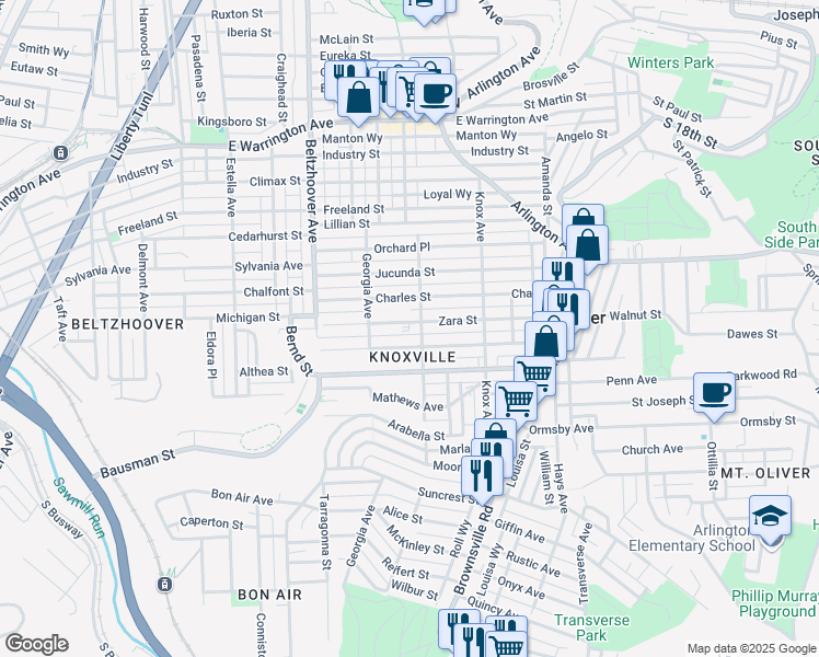 map of restaurants, bars, coffee shops, grocery stores, and more near in Pittsburgh