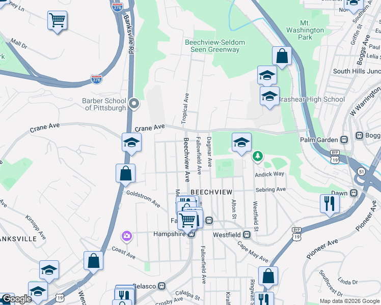 map of restaurants, bars, coffee shops, grocery stores, and more near 1304 Beechview Avenue in Pittsburgh
