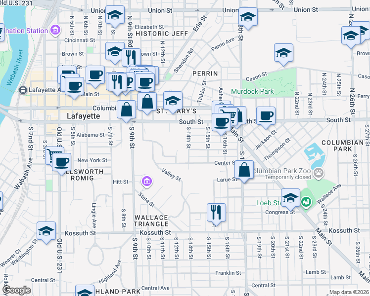 map of restaurants, bars, coffee shops, grocery stores, and more near 1401 Alabama Street in Lafayette