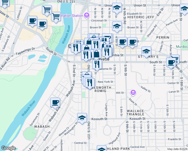 map of restaurants, bars, coffee shops, grocery stores, and more near 116 South Street in Lafayette