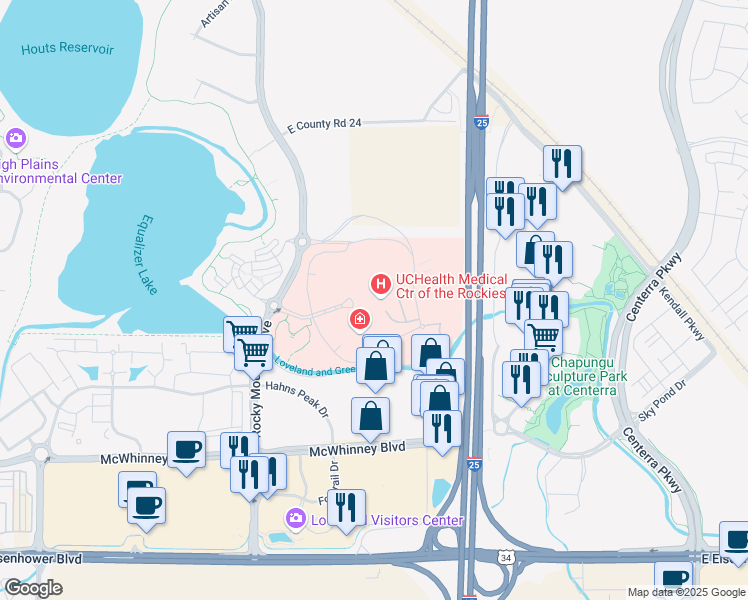 map of restaurants, bars, coffee shops, grocery stores, and more near 2500 Rocky Mountain Avenue in Loveland