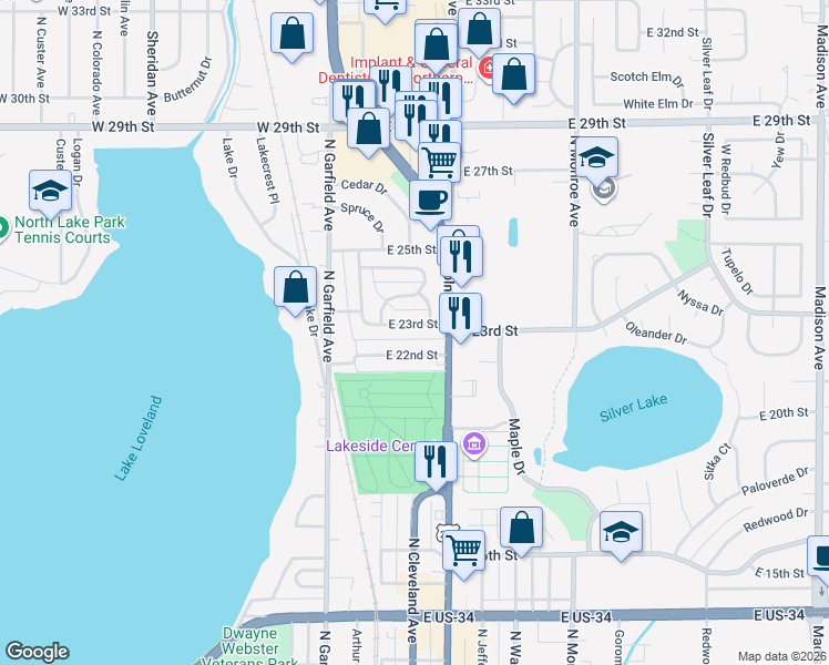 map of restaurants, bars, coffee shops, grocery stores, and more near 121 East 23rd Street in Loveland