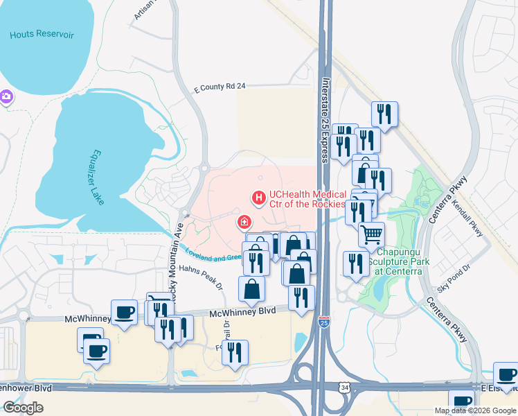 map of restaurants, bars, coffee shops, grocery stores, and more near 2500 Rocky Mountain Avenue in Loveland