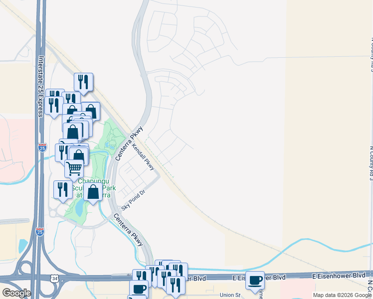 map of restaurants, bars, coffee shops, grocery stores, and more near Centerra Parkway in Loveland