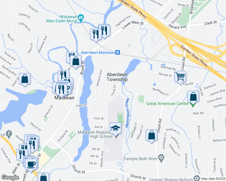 map of restaurants, bars, coffee shops, grocery stores, and more near 53 Lucia Court in Matawan