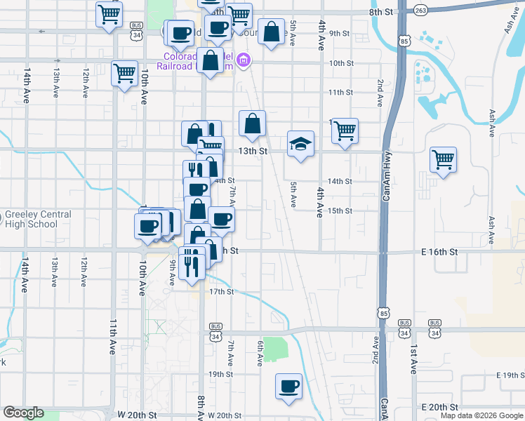 map of restaurants, bars, coffee shops, grocery stores, and more near 1500 6th Avenue in Greeley