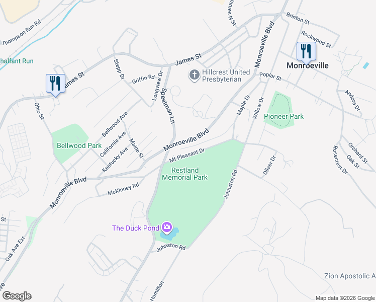 map of restaurants, bars, coffee shops, grocery stores, and more near 285 Alva Way in Monroeville