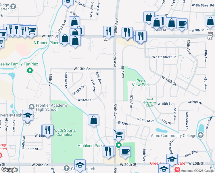 map of restaurants, bars, coffee shops, grocery stores, and more near 1512 60th Avenue in Greeley