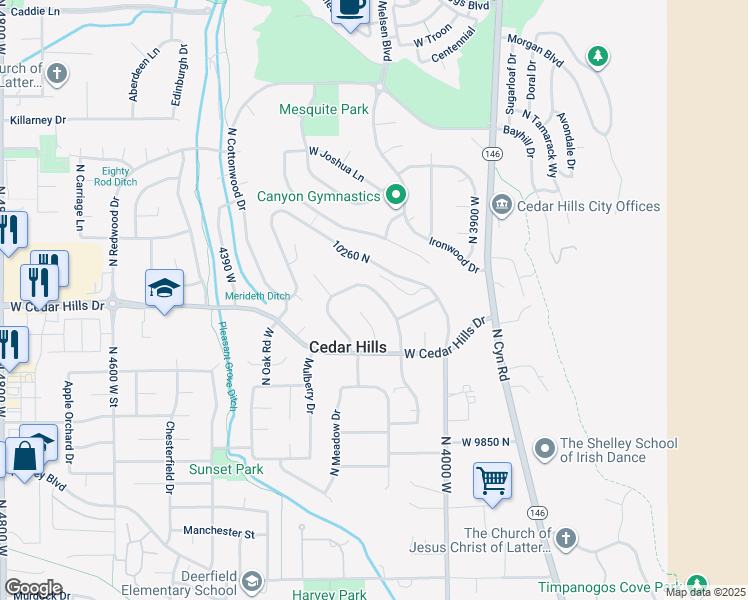 map of restaurants, bars, coffee shops, grocery stores, and more near 10495 North Sage Road East in Cedar Hills