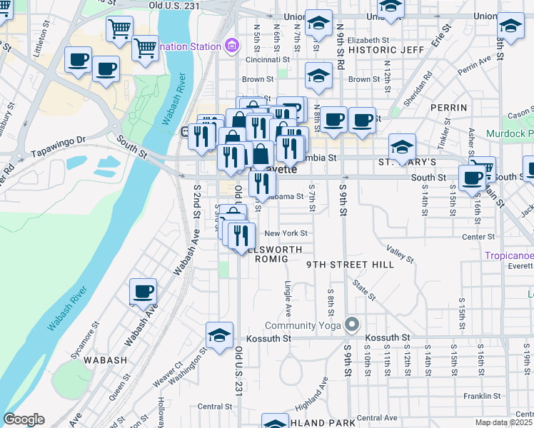 map of restaurants, bars, coffee shops, grocery stores, and more near 116 South 5th Street in Lafayette