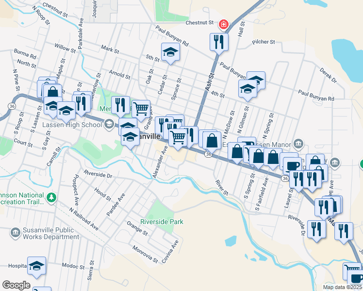 map of restaurants, bars, coffee shops, grocery stores, and more near 1615 Main Street in Susanville