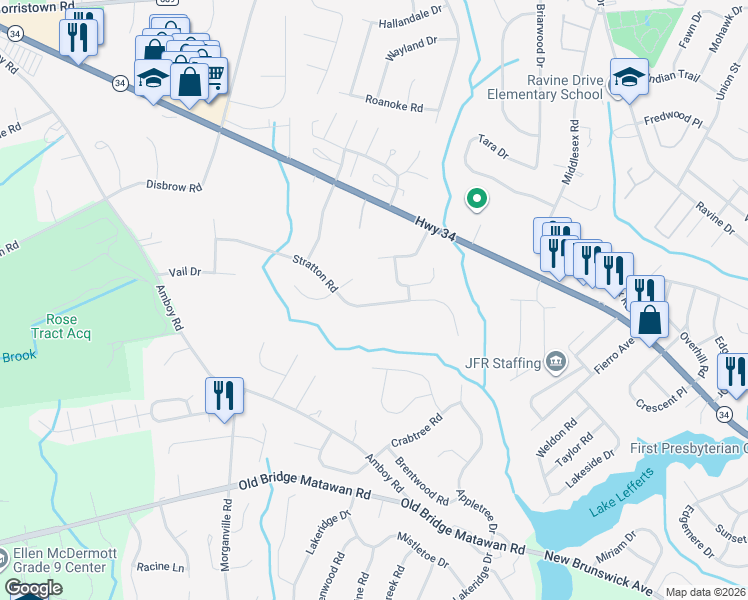 map of restaurants, bars, coffee shops, grocery stores, and more near 43 Stratton Road in Matawan