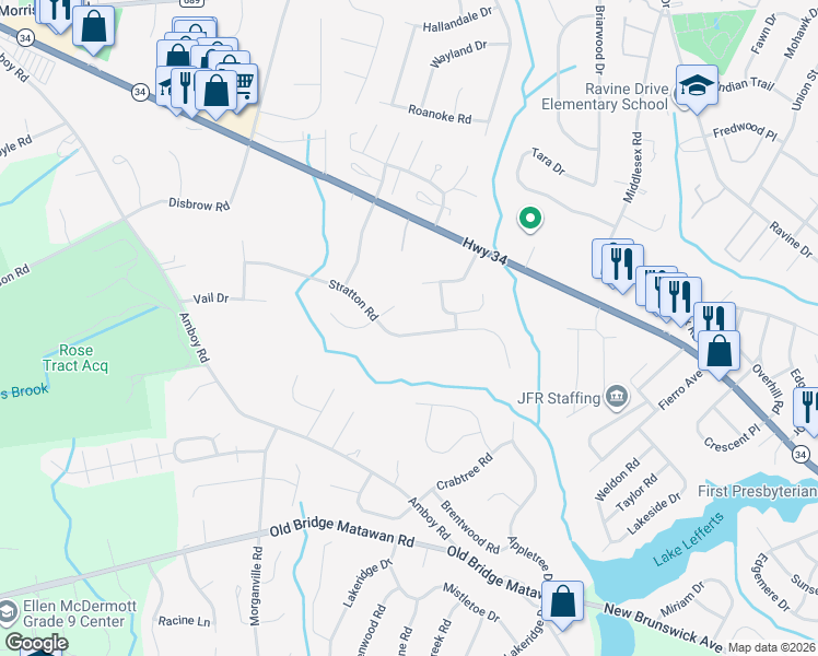map of restaurants, bars, coffee shops, grocery stores, and more near 43 Stratton Road in Matawan