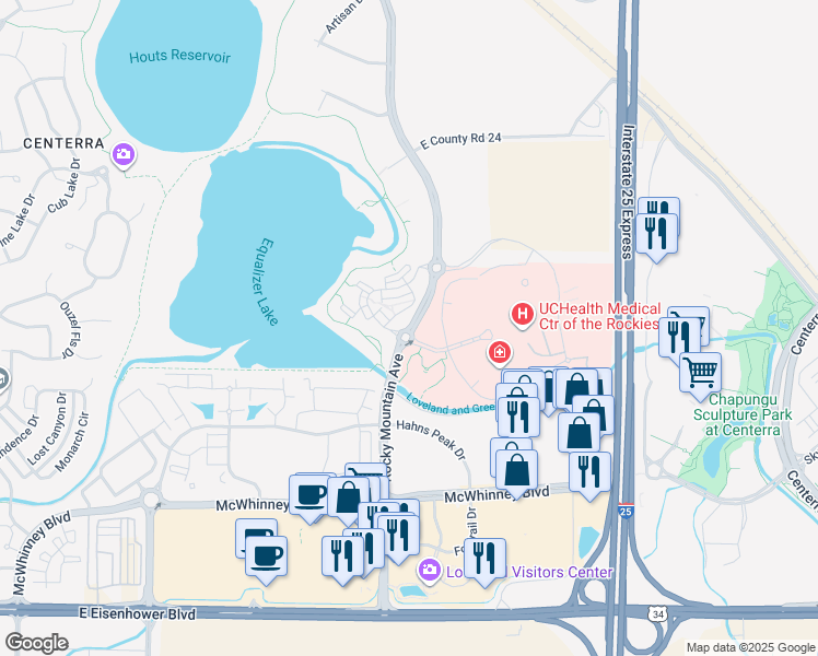 map of restaurants, bars, coffee shops, grocery stores, and more near 2331 Rocky Mountain Avenue in Loveland