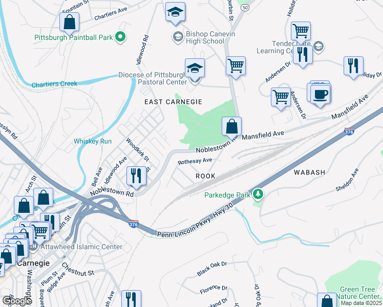 map of restaurants, bars, coffee shops, grocery stores, and more near 710 Noblestown Road in Carnegie