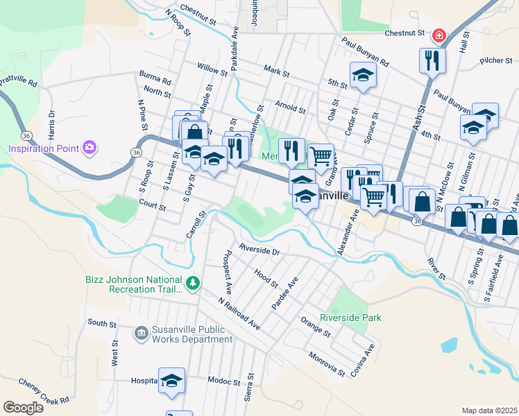 map of restaurants, bars, coffee shops, grocery stores, and more near 1110 Main Street in Susanville