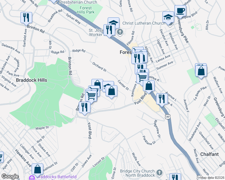 map of restaurants, bars, coffee shops, grocery stores, and more near 1041 Ardmore Manor Drive in Pittsburgh