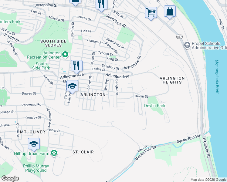 map of restaurants, bars, coffee shops, grocery stores, and more near 132 Dengler Street in Pittsburgh