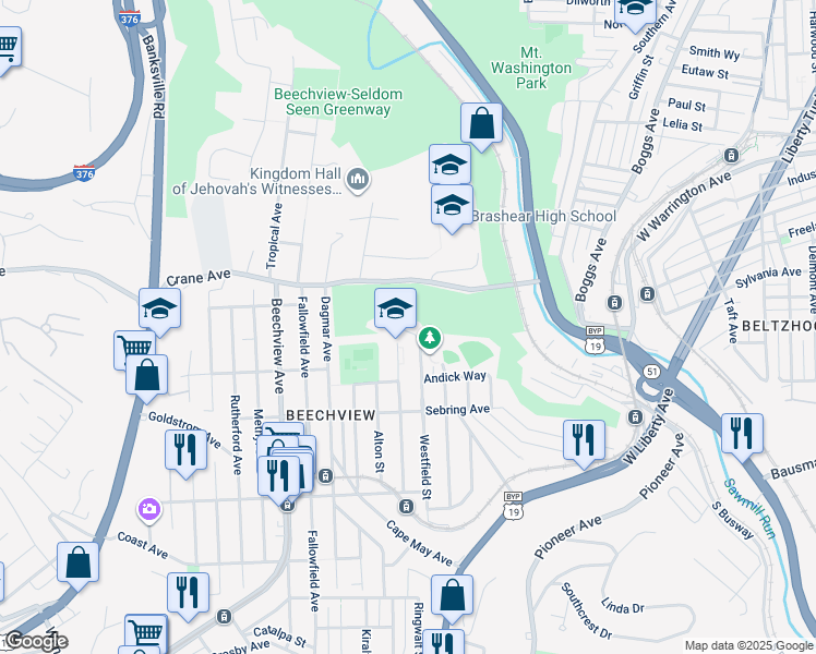 map of restaurants, bars, coffee shops, grocery stores, and more near 1200 Rockland Avenue in Pittsburgh