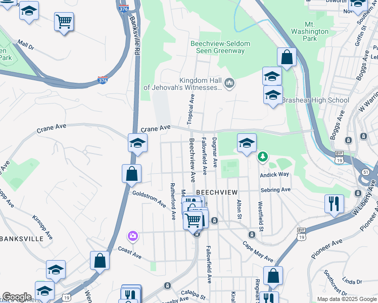 map of restaurants, bars, coffee shops, grocery stores, and more near 1304 Beechview Avenue in Pittsburgh