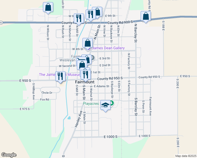 map of restaurants, bars, coffee shops, grocery stores, and more near 124 North Sycamore Street in Fairmount