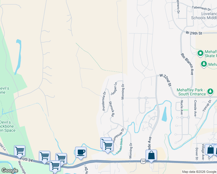 map of restaurants, bars, coffee shops, grocery stores, and more near 2208 Ponderosa Drive in Loveland