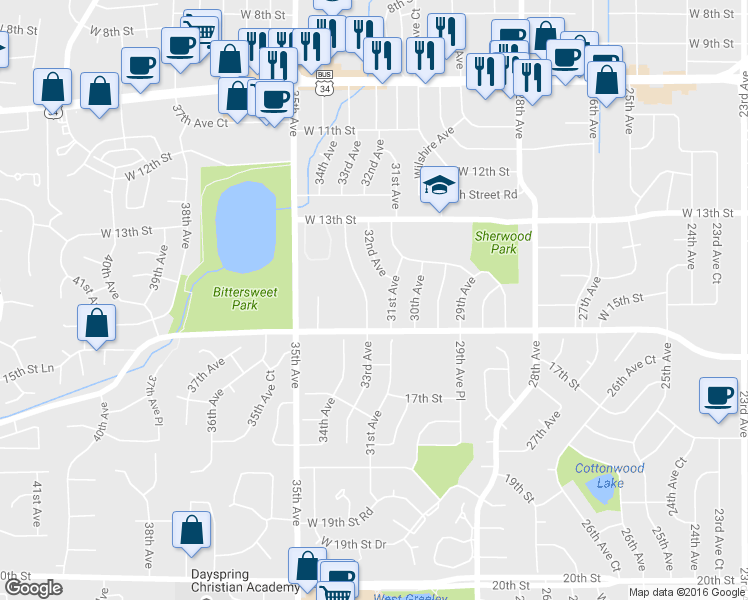 map of restaurants, bars, coffee shops, grocery stores, and more near 1501 31st Avenue in Greeley