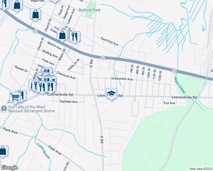 map of restaurants, bars, coffee shops, grocery stores, and more near 170 Oakes Avenue in Belford