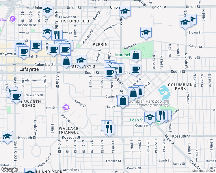 map of restaurants, bars, coffee shops, grocery stores, and more near 1602 Grove Street in Lafayette