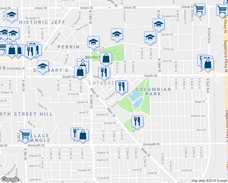 map of restaurants, bars, coffee shops, grocery stores, and more near 1822 Thompson Street in Lafayette