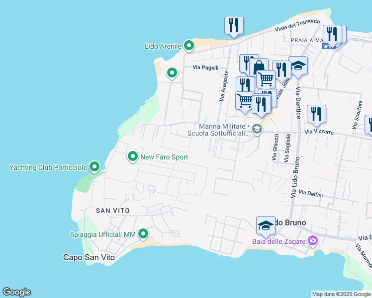 map of restaurants, bars, coffee shops, grocery stores, and more near 4 Via Calata Cornilecchia in Taranto