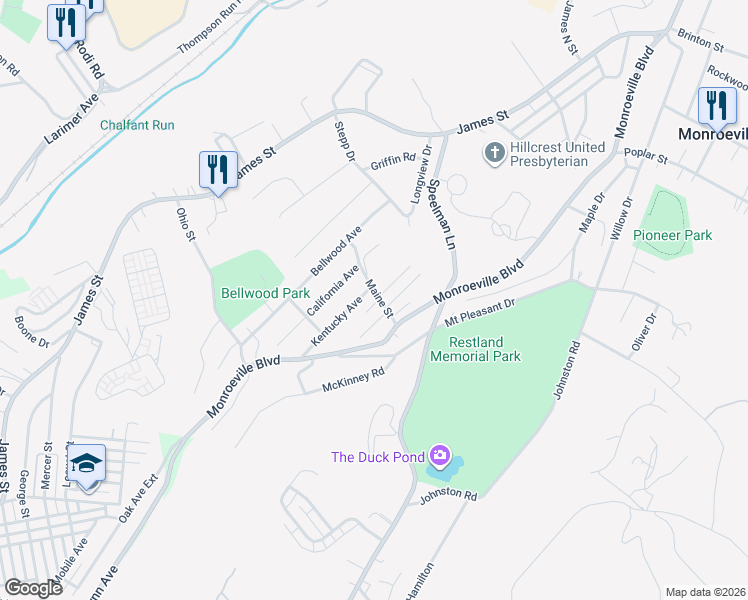 map of restaurants, bars, coffee shops, grocery stores, and more near 512 Maine Street in Monroeville