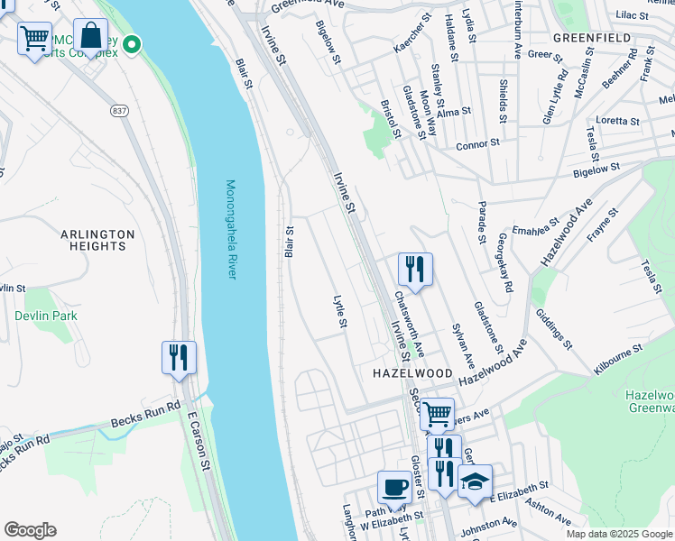 map of restaurants, bars, coffee shops, grocery stores, and more near 4000 Second Avenue in Pittsburgh