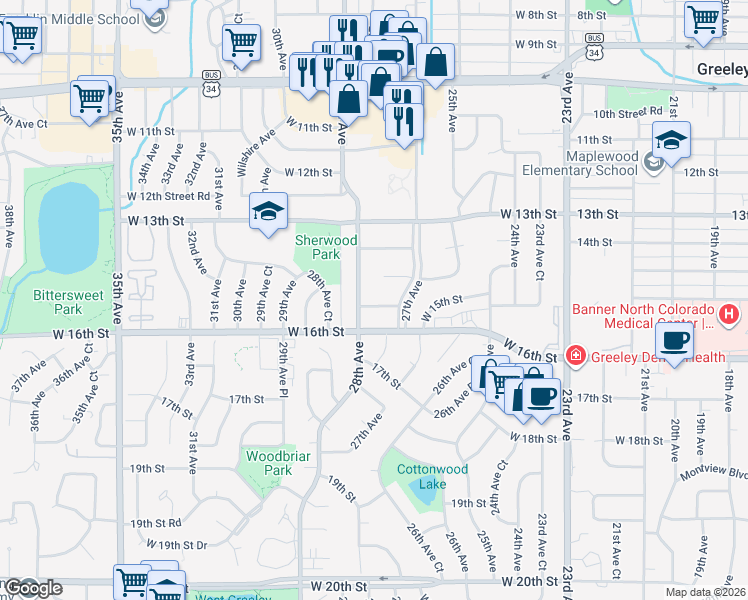 map of restaurants, bars, coffee shops, grocery stores, and more near 2725 West 15th Street in Greeley