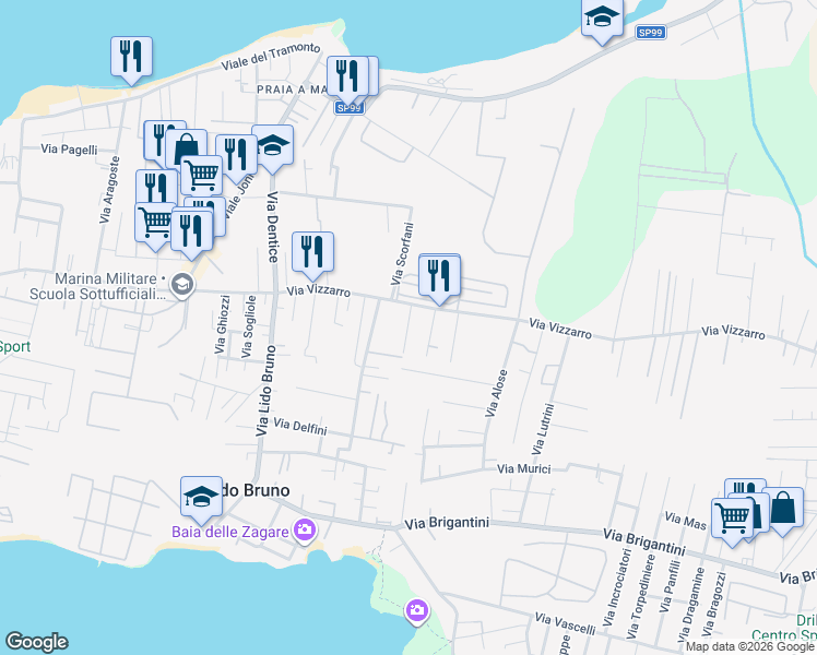 map of restaurants, bars, coffee shops, grocery stores, and more near 29-39 Via Delfini in Taranto