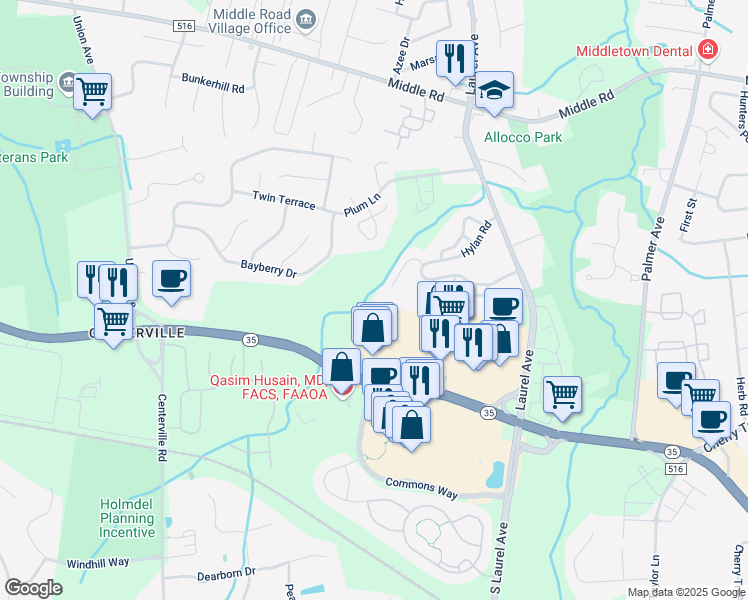 map of restaurants, bars, coffee shops, grocery stores, and more near 24 Alpine Rd in Holmdel