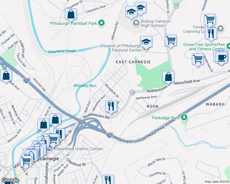 map of restaurants, bars, coffee shops, grocery stores, and more near 215 Woodkirk Street in Carnegie