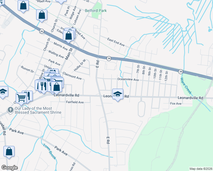 map of restaurants, bars, coffee shops, grocery stores, and more near 179 Orchard Avenue in Belford