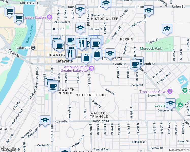 map of restaurants, bars, coffee shops, grocery stores, and more near 1001 Digby Drive in Lafayette