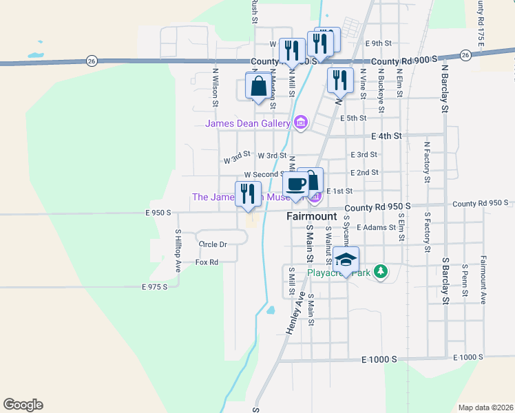map of restaurants, bars, coffee shops, grocery stores, and more near 409 West 1st Street in Fairmount