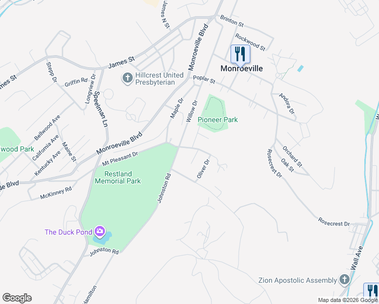 map of restaurants, bars, coffee shops, grocery stores, and more near 2408 Mount Pleasant Drive in Monroeville