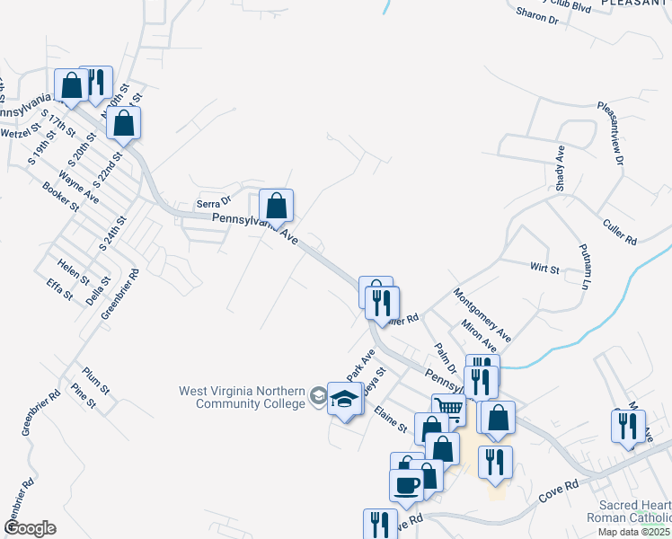 map of restaurants, bars, coffee shops, grocery stores, and more near 2836 Highway 105 in Weirton