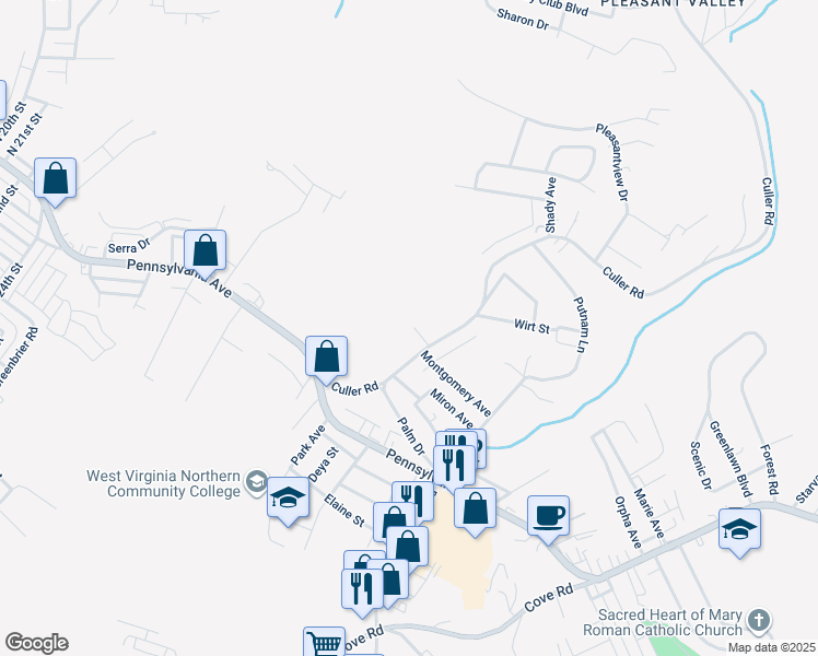 map of restaurants, bars, coffee shops, grocery stores, and more near 141 Culler Road in Weirton