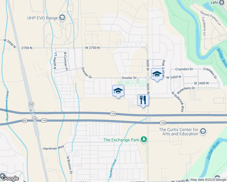 map of restaurants, bars, coffee shops, grocery stores, and more near 2326 North Penstemon Way in Lehi