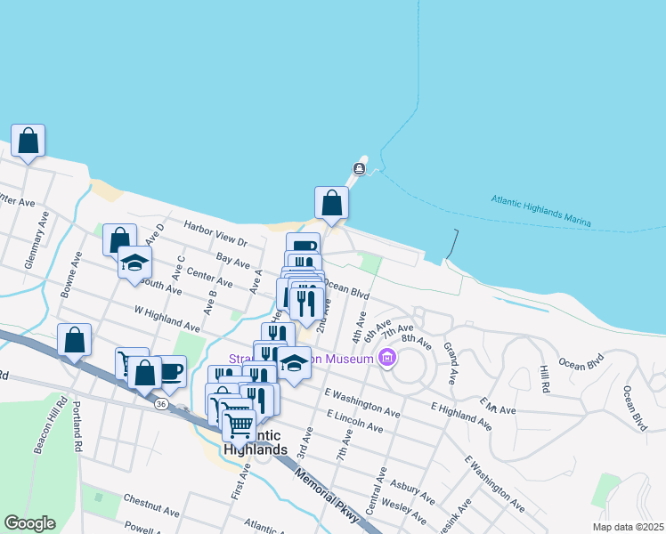 map of restaurants, bars, coffee shops, grocery stores, and more near 15 First Avenue in Atlantic Highlands