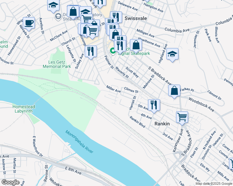 map of restaurants, bars, coffee shops, grocery stores, and more near 103 Miller Avenue in Rankin