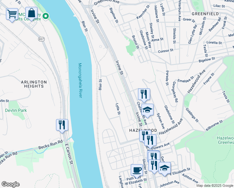 map of restaurants, bars, coffee shops, grocery stores, and more near in Pittsburgh