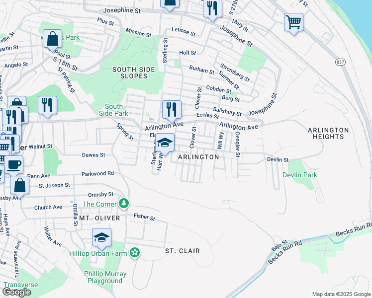 map of restaurants, bars, coffee shops, grocery stores, and more near 2416 Spring Street in Pittsburgh